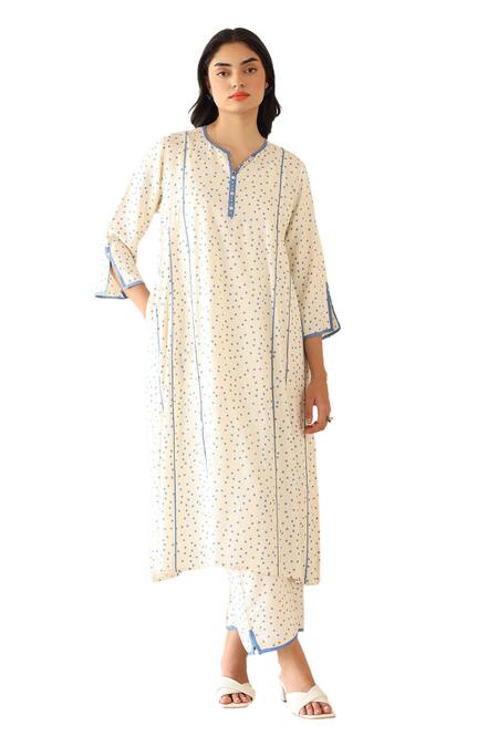 Shop Baise Gaba Off White Rayon Split V-neck Polka Dot Print Kurta With Pant Online at Aza Fashions Shop_Baise Gaba_Off White Rayon Split V-neck Polka Dot Print Kurta With Pant _Online_at_Aza_Fashions