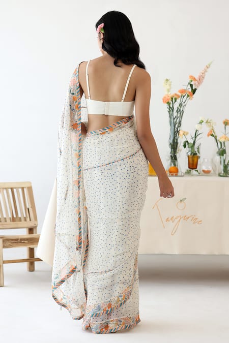 Shop_Baise Gaba_Off White Chiffon, Rayon V-neck Ode Polka Dot Print Saree With Blouse _at_Aza_Fashions