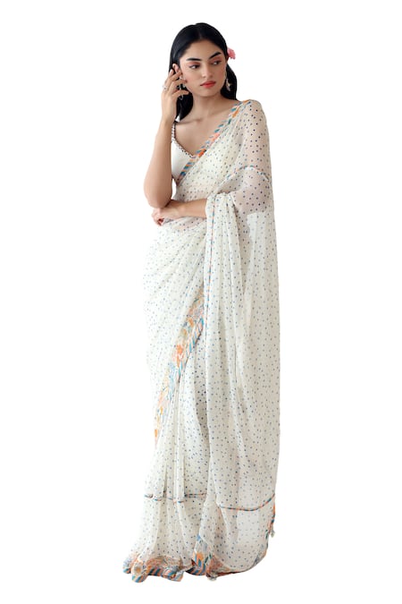 Buy Baise Gaba Off White Chiffon, Rayon V-neck Ode Polka Dot Print Saree With Blouse Online at Aza Fashions Buy_Baise Gaba_Off White Chiffon, Rayon V-neck Ode Polka Dot Print Saree With Blouse _Online_at_Aza_Fashions