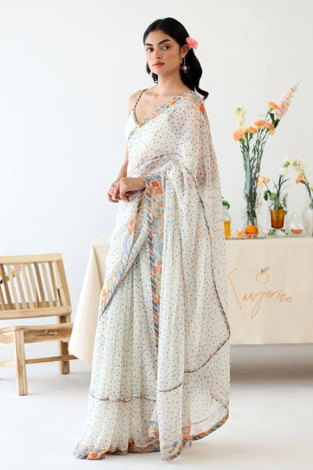Buy_Baise Gaba_Off White Chiffon, Rayon V-neck Ode Polka Dot Print Saree With Blouse 