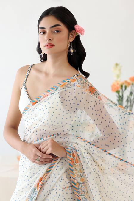 Shop_Baise Gaba_Off White Chiffon, Rayon V-neck Ode Polka Dot Print Saree With Blouse 