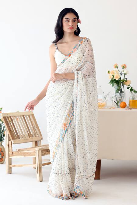 Baise Gaba_Off White Chiffon Ode Polka Dot Print Saree _Online_at_Aza_Fashions
