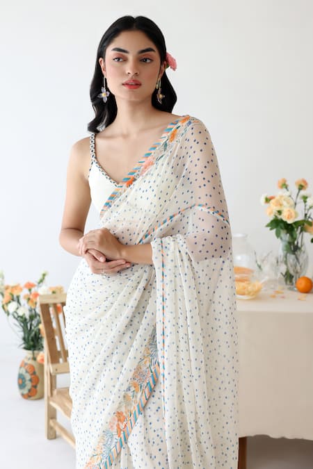 Baise Gaba_Off White Chiffon Ode Polka Dot Print Saree _at_Aza_Fashions