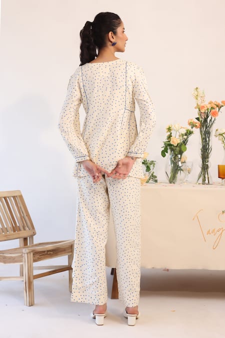 Shop_Baise Gaba_Off White Rayon Open Neck Polka Dot Print Tunic With Pant _at_Aza_Fashions