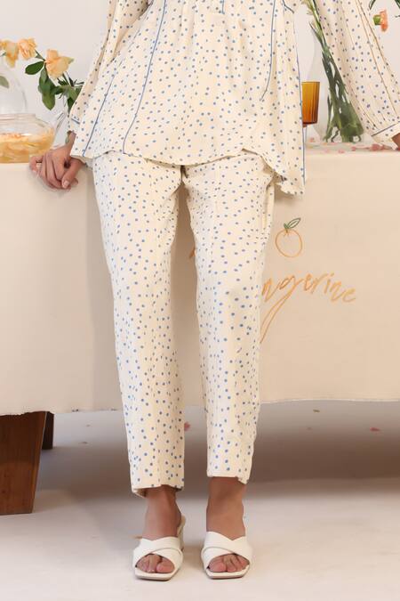 Baise Gaba Off White Rayon Open Neck Polka Dot Print Tunic With Pant Online at Aza Fashions Baise Gaba_Off White Rayon Open Neck Polka Dot Print Tunic With Pant _Online_at_Aza_Fashions