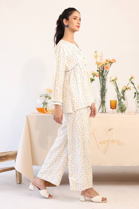 Buy_Baise Gaba_Off White Rayon Open Neck Polka Dot Print Tunic With Pant _Online_at_Aza_Fashions