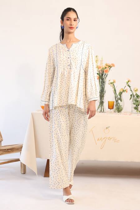 Shop_Baise Gaba_Off White Rayon Open Neck Polka Dot Print Tunic With Pant _Online_at_Aza_Fashions