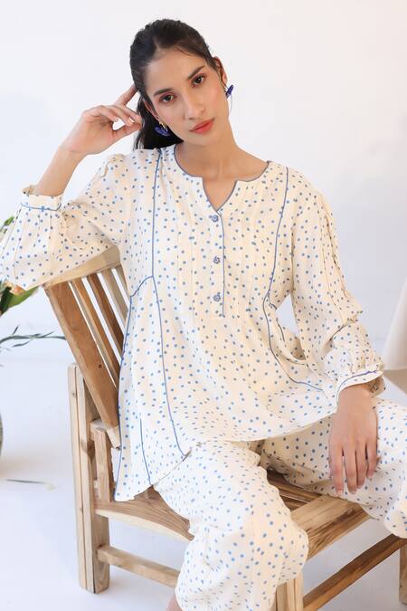 Buy_Baise Gaba_Off White Rayon Open Neck Polka Dot Print Tunic With Pant 