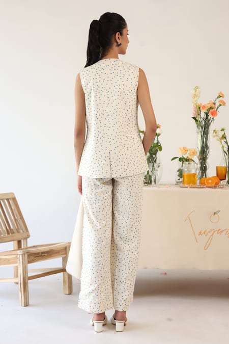Shop_Baise Gaba_Off White Rayon Round Neck Dainty Polka Dot Print Blazer Pant Set _at_Aza_Fashions