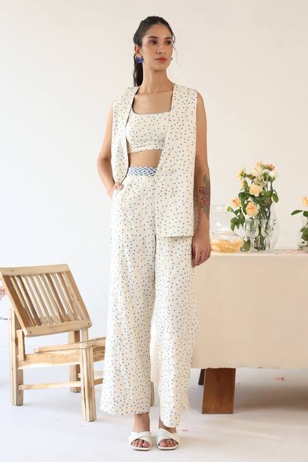 Baise Gaba_Off White Rayon Round Neck Dainty Polka Dot Print Blazer Pant Set _at_Aza_Fashions