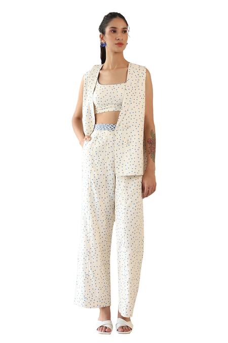 Buy Baise Gaba Off White Rayon Round Neck Dainty Polka Dot Print Blazer Pant Set Buy_Baise Gaba_Off White Rayon Round Neck Dainty Polka Dot Print Blazer Pant Set
