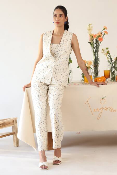 Baise Gaba_Off White Rayon Dainty Polka Dot Print Blazer _Online_at_Aza_Fashions