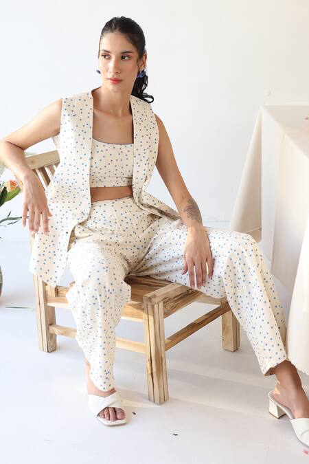 Buy_Baise Gaba_Off White Rayon Dainty Polka Dot Print Blazer _Online_at_Aza_Fashions