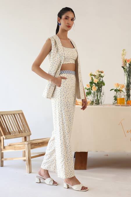 Shop_Baise Gaba_Off White Rayon Dainty Polka Dot Print Blazer _Online_at_Aza_Fashions