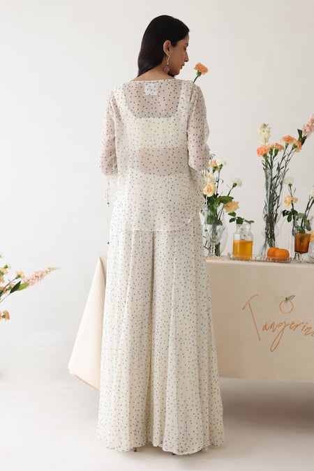 Shop_Baise Gaba_Off White Chiffon, Rayon Embroidery Glitzy Polka Dot Print Ruffled Top Pant Set _at_Aza_Fashions