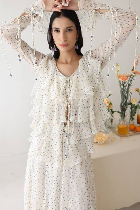 Baise Gaba_Off White Chiffon, Rayon Embroidery Glitzy Polka Dot Print Ruffled Top Pant Set _Online_at_Aza_Fashions