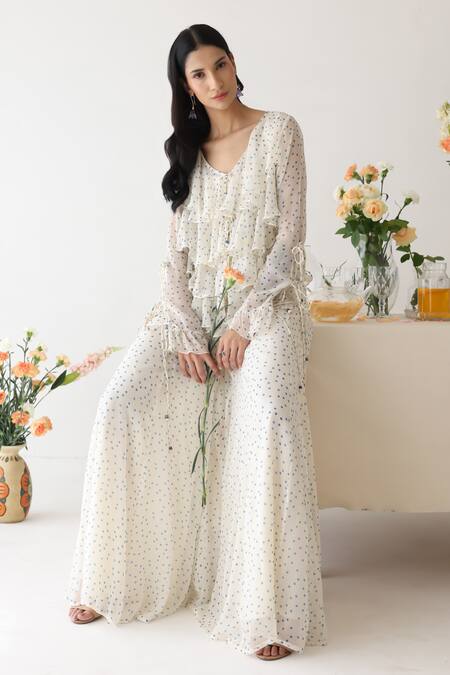 Buy_Baise Gaba_Off White Chiffon, Rayon Embroidery Glitzy Polka Dot Print Ruffled Top Pant Set _Online_at_Aza_Fashions