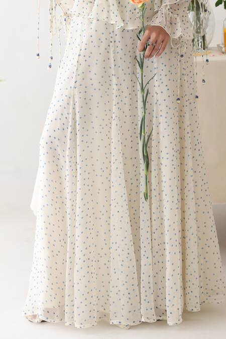 Shop Baise Gaba Off White Chiffon, Rayon Embroidery Glitzy Polka Dot Print Ruffled Top Pant Set Online at Aza Fashions Shop_Baise Gaba_Off White Chiffon, Rayon Embroidery Glitzy Polka Dot Print Ruffled Top Pant Set _Online_at_Aza_Fashions