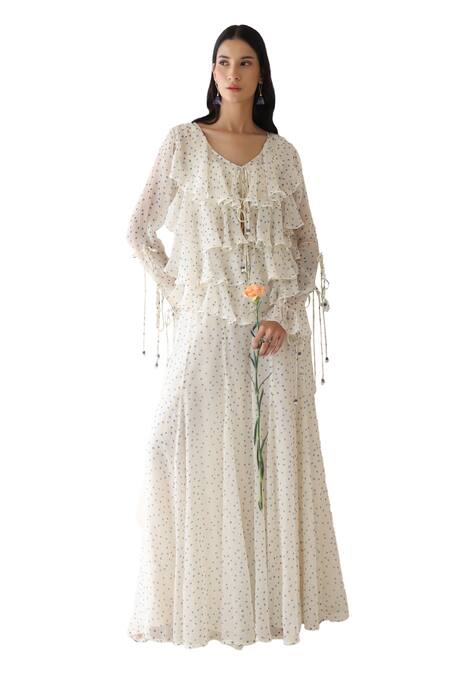 Baise Gaba Off White Chiffon, Rayon Embroidery Glitzy Polka Dot Print Ruffled Top Pant Set at Aza Fashions Baise Gaba_Off White Chiffon, Rayon Embroidery Glitzy Polka Dot Print Ruffled Top Pant Set _at_Aza_Fashions