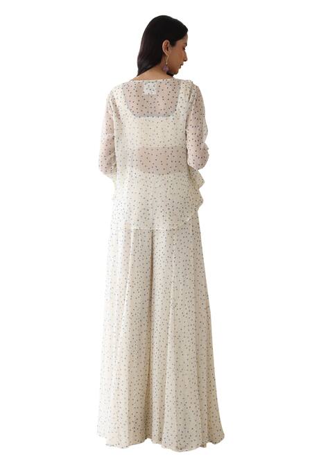 Shop Baise Gaba Off White Chiffon, Rayon Embroidery Glitzy Polka Dot Print Ruffled Top Pant Set Shop_Baise Gaba_Off White Chiffon, Rayon Embroidery Glitzy Polka Dot Print Ruffled Top Pant Set
