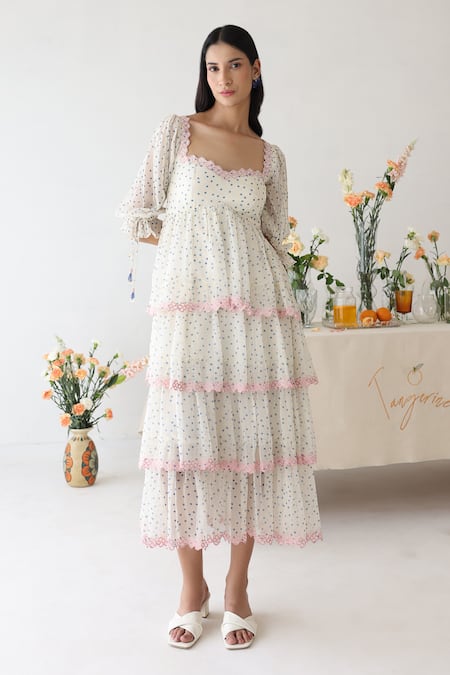 Baise Gaba_Off White Chiffon Sweetheart Neck Lush Polka Dot Print Dress _Online_at_Aza_Fashions