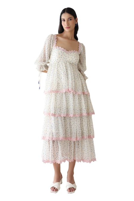 Buy_Baise Gaba_Off White Chiffon Sweetheart Neck Lush Polka Dot Print Dress _Online_at_Aza_Fashions