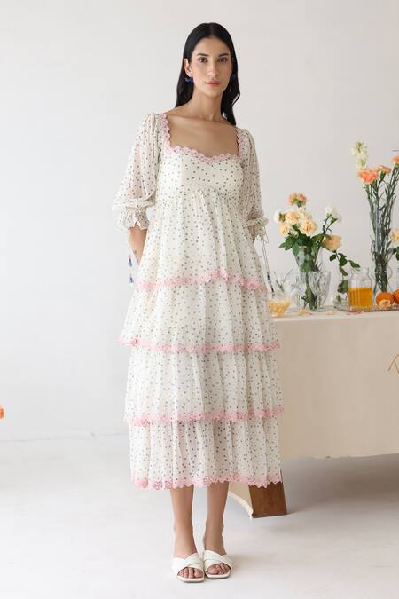 Shop_Baise Gaba_Off White Chiffon Sweetheart Neck Lush Polka Dot Print Dress _Online_at_Aza_Fashions