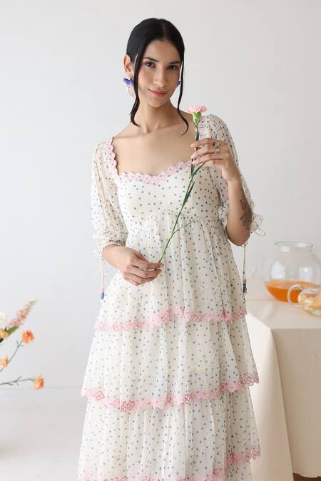 Baise Gaba_Off White Chiffon Sweetheart Neck Lush Polka Dot Print Dress _at_Aza_Fashions
