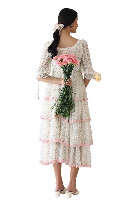 Shop_Baise Gaba_Off White Chiffon Sweetheart Neck Lush Polka Dot Print Dress 