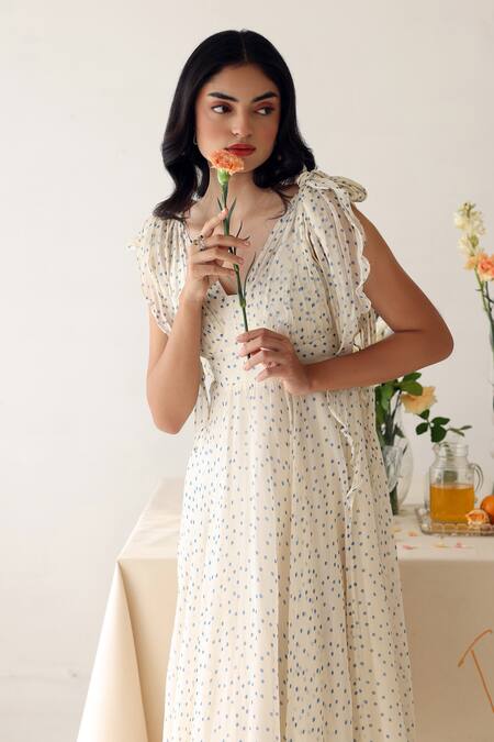 Baise Gaba_Off White Chiffon V-neck Melody Polka Dot Print Dress _Online_at_Aza_Fashions