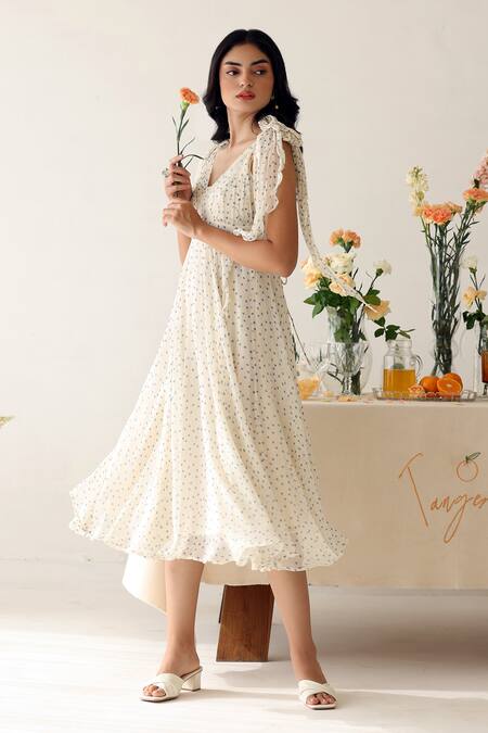 Buy_Baise Gaba_Off White Chiffon V-neck Melody Polka Dot Print Dress _Online_at_Aza_Fashions
