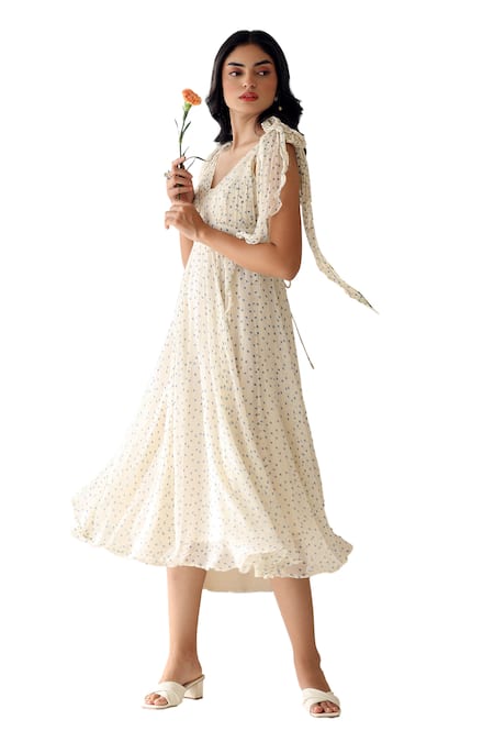 Shop_Baise Gaba_Off White Chiffon V-neck Melody Polka Dot Print Dress _Online_at_Aza_Fashions