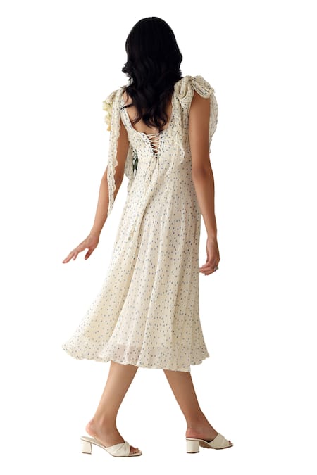 Baise Gaba_Off White Chiffon V-neck Melody Polka Dot Print Dress _at_Aza_Fashions