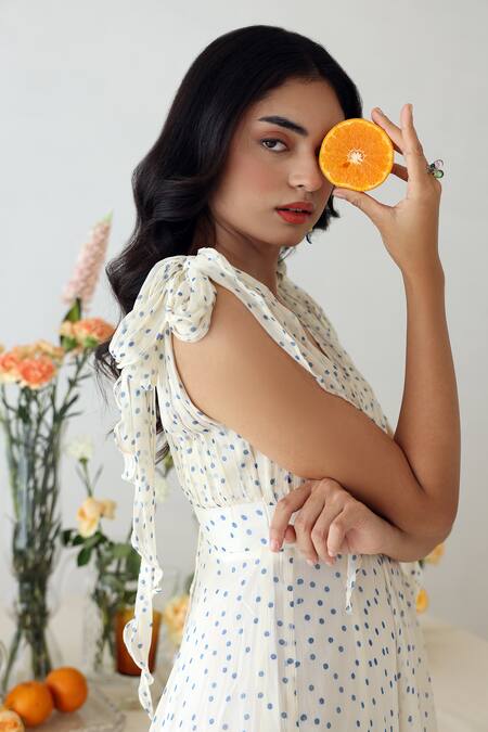 Buy_Baise Gaba_Off White Chiffon V-neck Melody Polka Dot Print Dress 