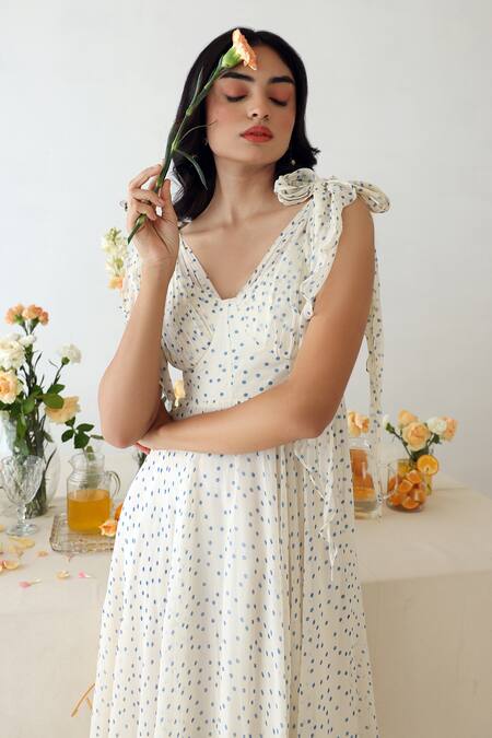 Shop_Baise Gaba_Off White Chiffon V-neck Melody Polka Dot Print Dress 
