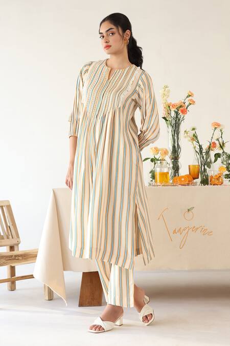 Shop_Baise Gaba_Off White Rayon Embroidery Split V-neck Sepia Stripe Print Kurta With Pant _Online_at_Aza_Fashions