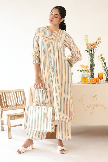 Shop Baise Gaba Off White Rayon Embroidery Split V-neck Sepia Stripe Print Kurta With Pant Shop_Baise Gaba_Off White Rayon Embroidery Split V-neck Sepia Stripe Print Kurta With Pant