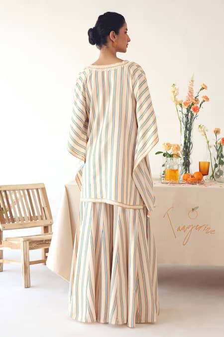 Shop_Baise Gaba_Off White Rayon Embroidery V-neck, Harmony Stripe Print Kaftan Top Pant Set _at_Aza_Fashions