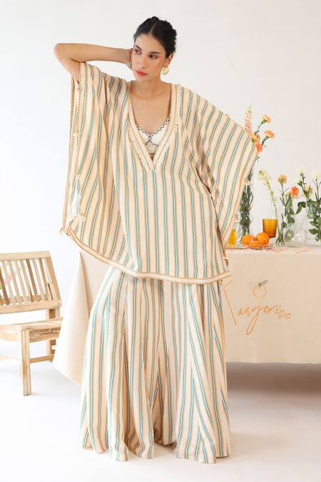 Baise Gaba_Off White Rayon Embroidery V-neck, Harmony Stripe Print Kaftan Top Pant Set _Online_at_Aza_Fashions