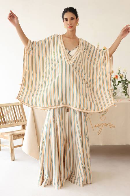 Buy_Baise Gaba_Off White Rayon Embroidery V-neck, Harmony Stripe Print Kaftan Top Pant Set _Online_at_Aza_Fashions