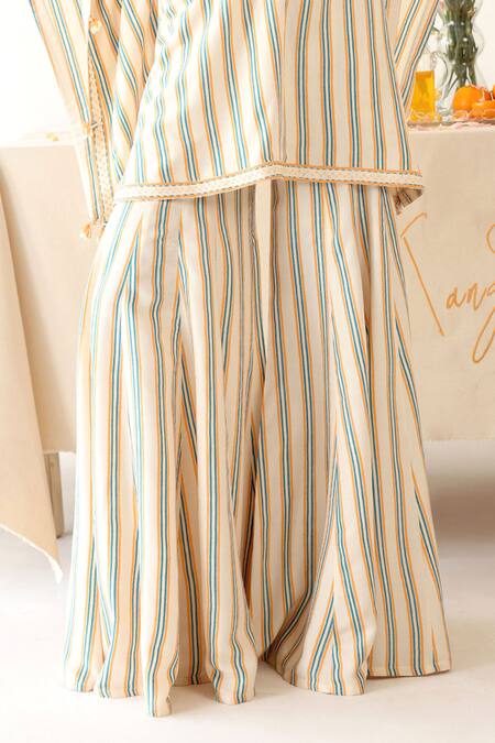 Shop Baise Gaba Off White Rayon Embroidery V-neck, Harmony Stripe Print Kaftan Top Pant Set Online at Aza Fashions Shop_Baise Gaba_Off White Rayon Embroidery V-neck, Harmony Stripe Print Kaftan Top Pant Set _Online_at_Aza_Fashions