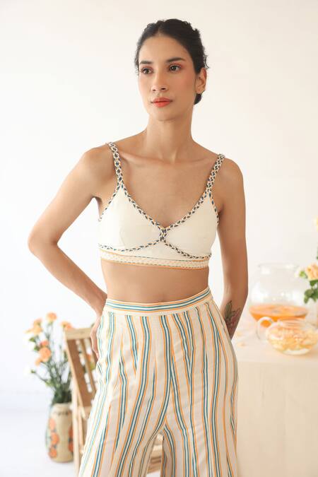 Baise Gaba_Off White Rayon Embroidery V-neck, Harmony Stripe Print Kaftan Top Pant Set _at_Aza_Fashions