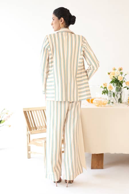 Shop_Baise Gaba_Off White Rayon Collared Halo Stripe Print Blazer Pant Set _at_Aza_Fashions