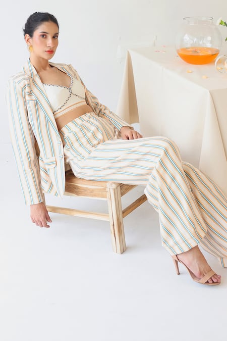 Buy_Baise Gaba_Off White Rayon Collared Halo Stripe Print Blazer Pant Set _Online_at_Aza_Fashions