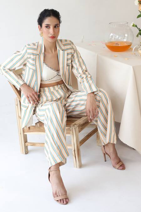 Shop_Baise Gaba_Off White Rayon Collared Halo Stripe Print Blazer Pant Set _Online_at_Aza_Fashions