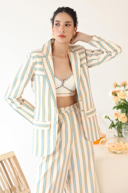Baise Gaba_Off White Rayon Collared Halo Stripe Print Blazer Pant Set _at_Aza_Fashions