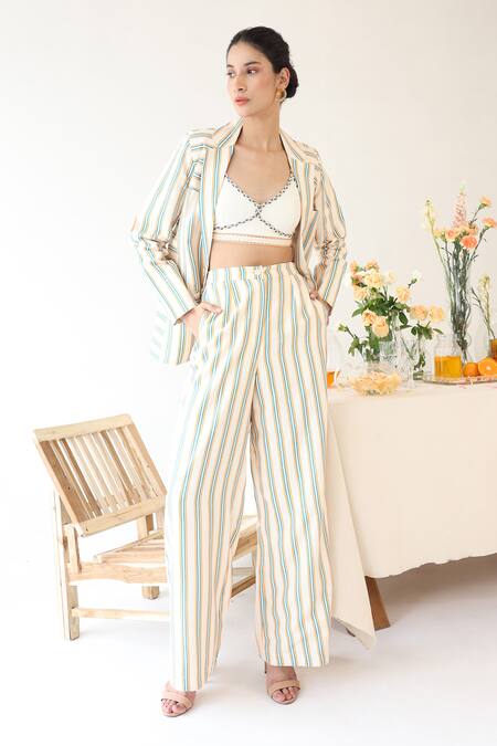 Buy_Baise Gaba_Off White Rayon Collared Halo Stripe Print Blazer Pant Set 