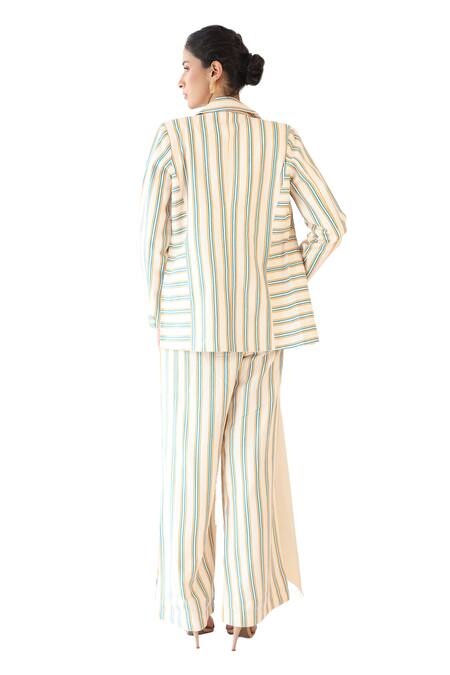 Shop Baise Gaba Off White Rayon Collared Halo Stripe Print Blazer Pant Set Shop_Baise Gaba_Off White Rayon Collared Halo Stripe Print Blazer Pant Set