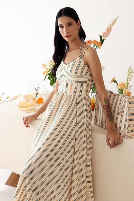 Shop_Baise Gaba_Off White Rayon Sweetheart Neck Sonnet Printed Dress _Online_at_Aza_Fashions
