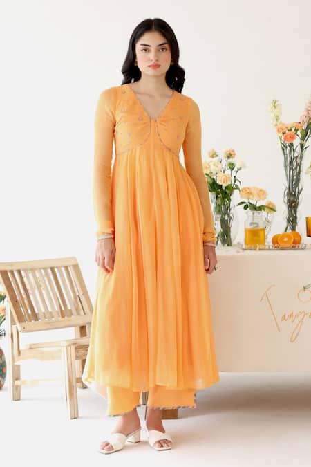 Shop_Baise Gaba_Orange Rayon, Chiffon Embroidery, Zesty Anarkali Set With Floral Print Dupatta _at_Aza_Fashions